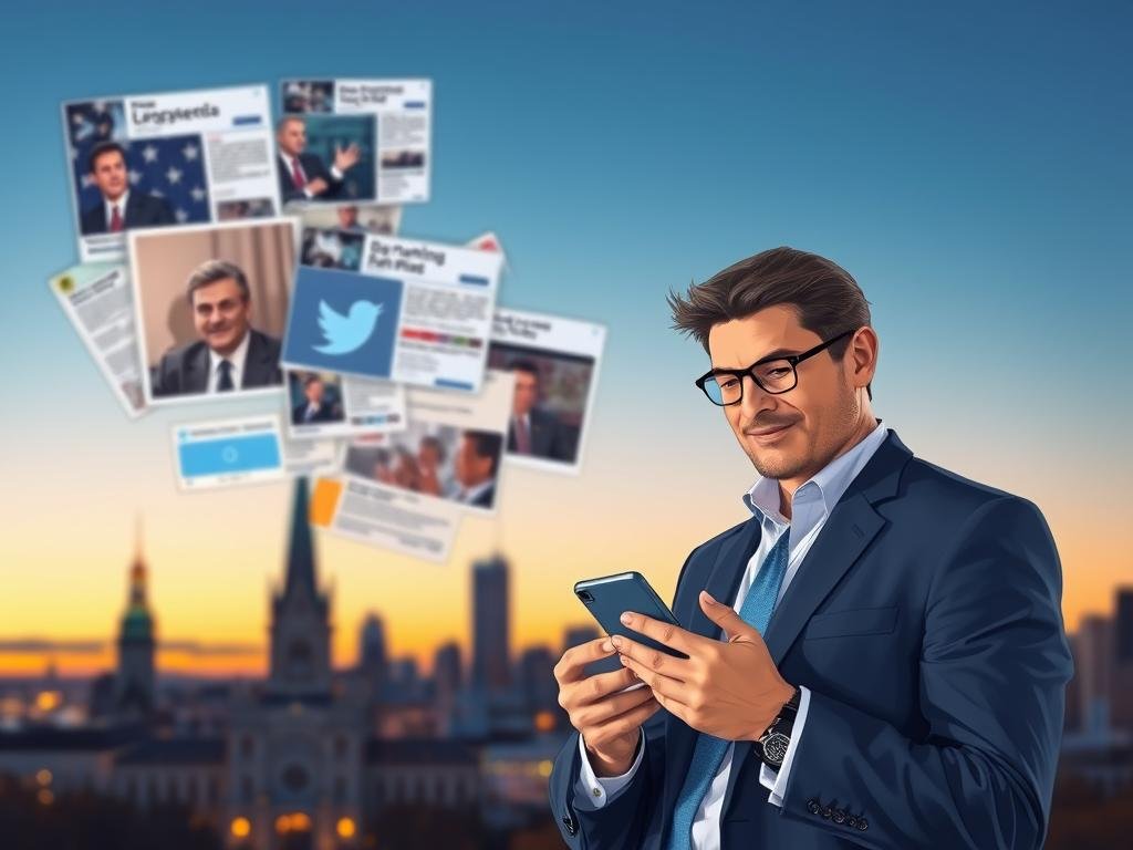 A vibrant digital illustration capturing Sol Zanetti, a political figure, stands confidently in the foreground, dressed in professional business attire. He is engaged with a smartphone, symbolizing his active presence on Twitter. In the middle ground, a blurred montage of news articles and social media icons subtly conveys the concept of engaging with news. The background features the skyline of Quebec City, showcasing its distinctive architecture at dusk, with warm, golden lighting casting a welcoming glow. The atmosphere is dynamic and informative, evoking a sense of urgency and excitement around political engagement. The image blends modernity with tradition, emphasizing the importance of social media in contemporary politics, while ensuring all elements are cohesive and harmonious. A vibrant digital illustration capturing Sol Zanetti, a political figure, stands confidently in the foreground, dressed in professional business attire. He is engaged with a smartphone, symbolizing his active presence on Twitter. In the middle ground, a blurred montage of news articles and social media icons subtly conveys the concept of engaging with news. The background features the skyline of Quebec City, showcasing its distinctive architecture at dusk, with warm, golden lighting casting a welcoming glow. The atmosphere is dynamic and informative, evoking a sense of urgency and excitement around political engagement. The image blends modernity with tradition, emphasizing the importance of social media in contemporary politics, while ensuring all elements are cohesive and harmonious.