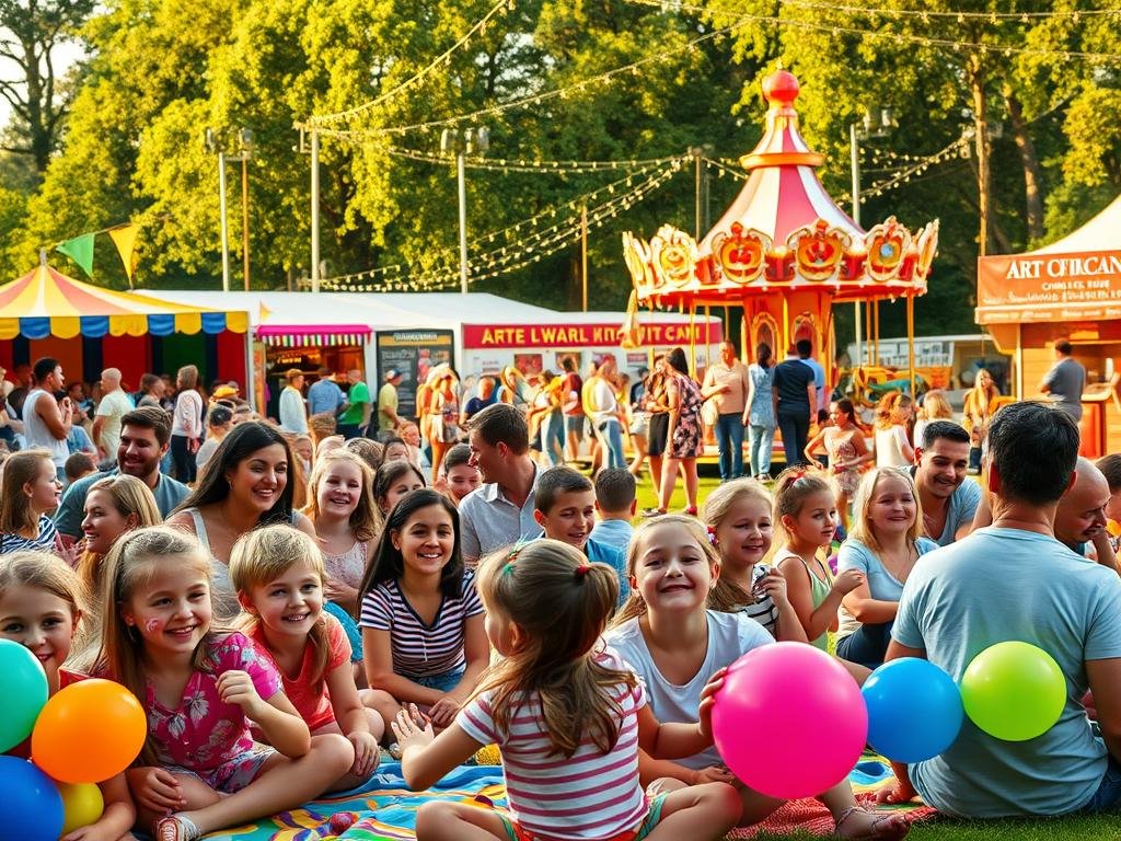 A vibrant family-friendly festival scene filled with laughter and joy, showcasing a diverse crowd of families enjoying various activities. In the foreground, energetic children play with colorful balloons and face paint, while parents watch from nearby picnic blankets. The middle features vibrant carnival booths adorned with bright banners, an art exhibit displaying local creativity, and performers engaging with the audience under twinkling fairy lights. In the background, a carousel spins gracefully among a lush park setting, with food stalls offering delicious snacks. The atmosphere is cheerful and festive, illuminated by warm, golden sunlight casting soft shadows, capturing the spirit of community and celebration. The scene is shot from a slightly elevated angle to encompass the festive vibe, ensuring a dynamic, lively composition without any text or distractions.