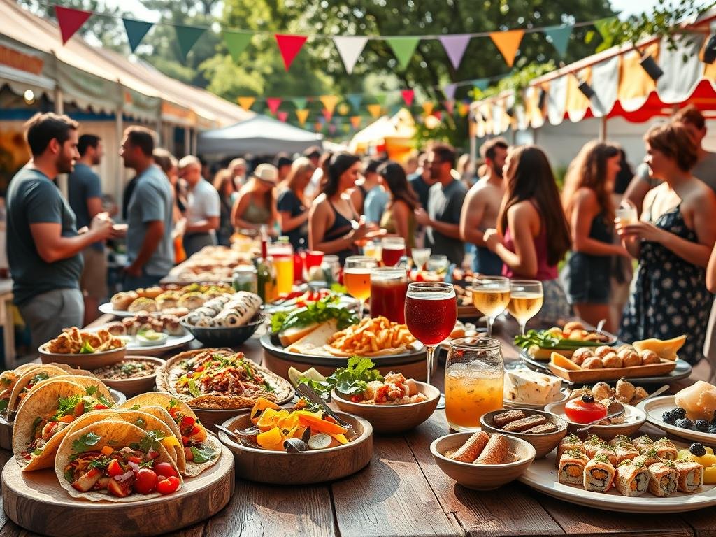 A vibrant food festival scene showcasing an array of delicious dishes and drinks around a lively outdoor venue. In the foreground, a wooden table is laden with colorful dishes, from gourmet street tacos and vibrant sushi rolls to artisanal cheeses and fresh fruits. Glasses filled with various beverages glint in the sunlight, reflecting a festive atmosphere. In the middle layer, diverse groups of people, including families and friends dressed in casual summer attire, engage in tasting and sharing food, creating an inviting communal vibe. The background features colorful tents and banners, along with greenery that adds to the festive ambiance. Soft, warm lighting enhances the joyful mood, evoking a sense of celebration and creativity at the festival. The angle captures the essence of the event, inviting viewers to savor the flavors.