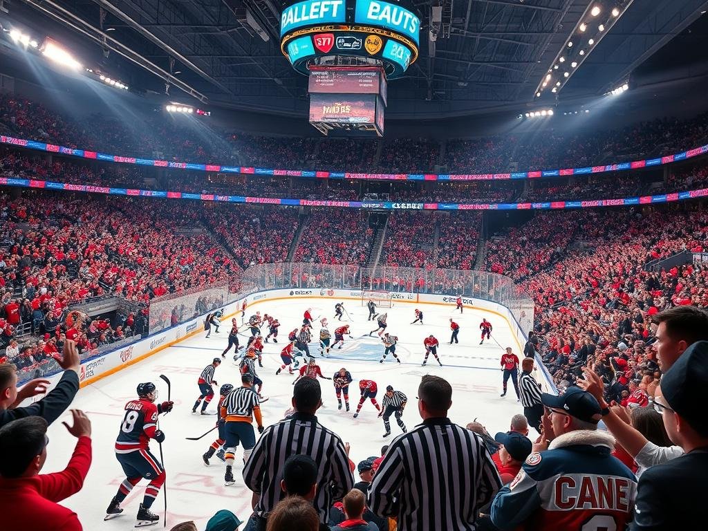 A vibrant hockey arena filled with passionate fans, their cheers and chants echoing through the stands. In the foreground, players collide amidst a swirl of ice, sweat, and the sound of skates carving the surface. The middle ground showcases the intensity of the game, with referees monitoring the action and making crucial calls. In the background, the stadium's architecture frames the scene, its design and lighting creating a sense of energy and spectacle. The overall mood is one of raw, unbridled enthusiasm, where the health and well-being of the players, the fairness of the game, and the immersive experience of the fans converge to form the essence of hockey's "noise culture".