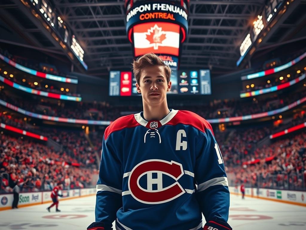 A vibrant hockey arena in Montreal, Canada, illuminated by warm stadium lights. In the foreground, a skilled player in a Montreal Canadiens jersey, Kirby Dach, standing confidently on the ice, ready to embark on a new chapter. The middle ground showcases the bustling atmosphere, with roaring fans and the iconic Canadiens logo prominently displayed. In the background, the city skyline of Montreal is visible, reflecting the energy and excitement of this fresh start for the talented player. The scene conveys a sense of anticipation and the promise of a bright future for Kirby Dach and the Montreal Canadiens.