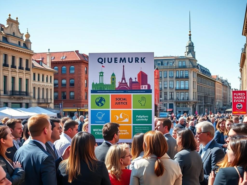 A vibrant political campaign scene focused on platform pillars for Quebec City. In the foreground, a diverse group of individuals in professional attire passionately discussing ideas, showcasing unity and engagement. The middle ground features a large, colorful poster displaying key platform themes, symbolizing environmental sustainability, social justice, and economic growth, with iconic Quebec City architecture subtly integrated into the design. The background captures the historic buildings and lively streets of Quebec City, under a clear blue sky that evokes a sense of hope and progress. The lighting is warm and inviting, creating a bright and optimistic atmosphere, shot from a slightly elevated angle to encompass the dynamic interactions and the vibrant cityscape. A vibrant political campaign scene focused on platform pillars for Quebec City. In the foreground, a diverse group of individuals in professional attire passionately discussing ideas, showcasing unity and engagement. The middle ground features a large, colorful poster displaying key platform themes, symbolizing environmental sustainability, social justice, and economic growth, with iconic Quebec City architecture subtly integrated into the design. The background captures the historic buildings and lively streets of Quebec City, under a clear blue sky that evokes a sense of hope and progress. The lighting is warm and inviting, creating a bright and optimistic atmosphere, shot from a slightly elevated angle to encompass the dynamic interactions and the vibrant cityscape.