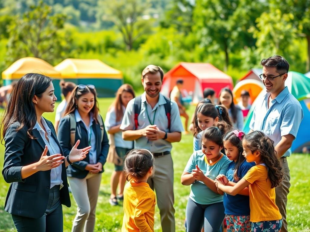 A vibrant scene at a sunny day camp, showcasing a diverse group of individuals in professional attire engaged in various activities that demonstrate skills developed through DAFA training. In the foreground, a young woman leads a team-building exercise, exuding enthusiasm and leadership. In the middle ground, a man facilitates a first aid workshop, highlighting safety awareness. Nearby, a group collaborates on a creative project, showcasing teamwork and communication. The background features a lush green landscape with colorful tents and smiling children participating in camp activities, emphasizing the camp's energetic atmosphere. Soft, natural lighting bathes the scene, capturing a sense of positivity and dedication. The overall mood is joyful and inspiring, reflecting excellence in camp leadership and skill development.