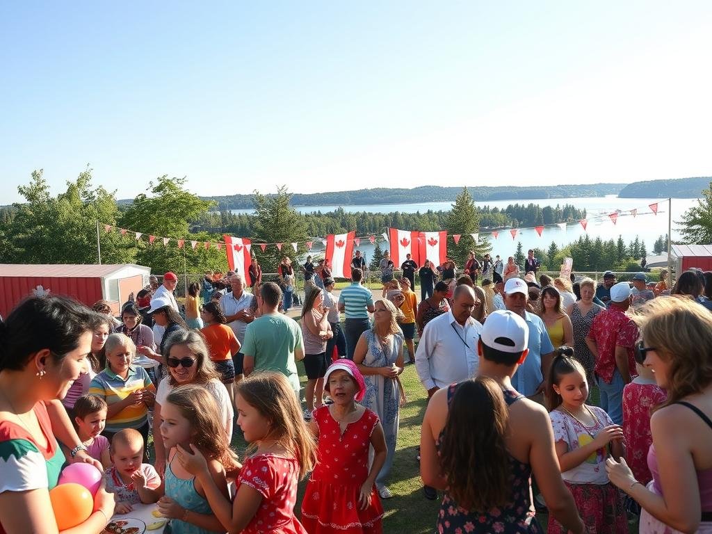 A vibrant scene capturing the essence of Pierrefonds during Canada Day celebrations in 2025. In the foreground, families and friends of diverse backgrounds are engaged in festive activities, wearing colorful clothing and enjoying traditional Canadian foods at decorated booths. A group of children joyfully playing with face paint and balloons. In the middle ground, a live music performance attracts an animated crowd, with performers showcasing cultural dances, set against a backdrop of bright banners and flags. The background features the picturesque Pierrefonds landscape, with trees and a serene lake under a clear blue sky. Soft, warm lighting bathes the scene, evoking a joyous and festive atmosphere, shot from a slightly elevated angle to capture the lively interactions and captivating surroundings. A vibrant scene capturing the essence of Pierrefonds during Canada Day celebrations in 2025. In the foreground, families and friends of diverse backgrounds are engaged in festive activities, wearing colorful clothing and enjoying traditional Canadian foods at decorated booths. A group of children joyfully playing with face paint and balloons. In the middle ground, a live music performance attracts an animated crowd, with performers showcasing cultural dances, set against a backdrop of bright banners and flags. The background features the picturesque Pierrefonds landscape, with trees and a serene lake under a clear blue sky. Soft, warm lighting bathes the scene, evoking a joyous and festive atmosphere, shot from a slightly elevated angle to capture the lively interactions and captivating surroundings.