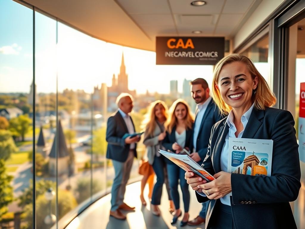 A vibrant scene depicting the welcoming new CAA Niagara Branch in St. Catharines. In the foreground, a friendly travel advisor in professional business attire stands beside a modern CAA office, smiling and holding brochures with travel destinations. In the middle ground, a diverse group of happy travelers, dressed in smart casual clothing, discuss plans, showcasing excitement about their upcoming trips. The background features picturesque views of St. Catharines, including lush green parks and iconic landmarks, illuminated by warm, inviting sunlight. The setting conveys a sense of community, expert planning, and exclusive travel savings, creating an atmosphere of anticipation and joy. The image is framed with a dynamic angle that draws the viewer's eye toward the travel advisor and happy travelers, promoting a professional and welcoming vibe.