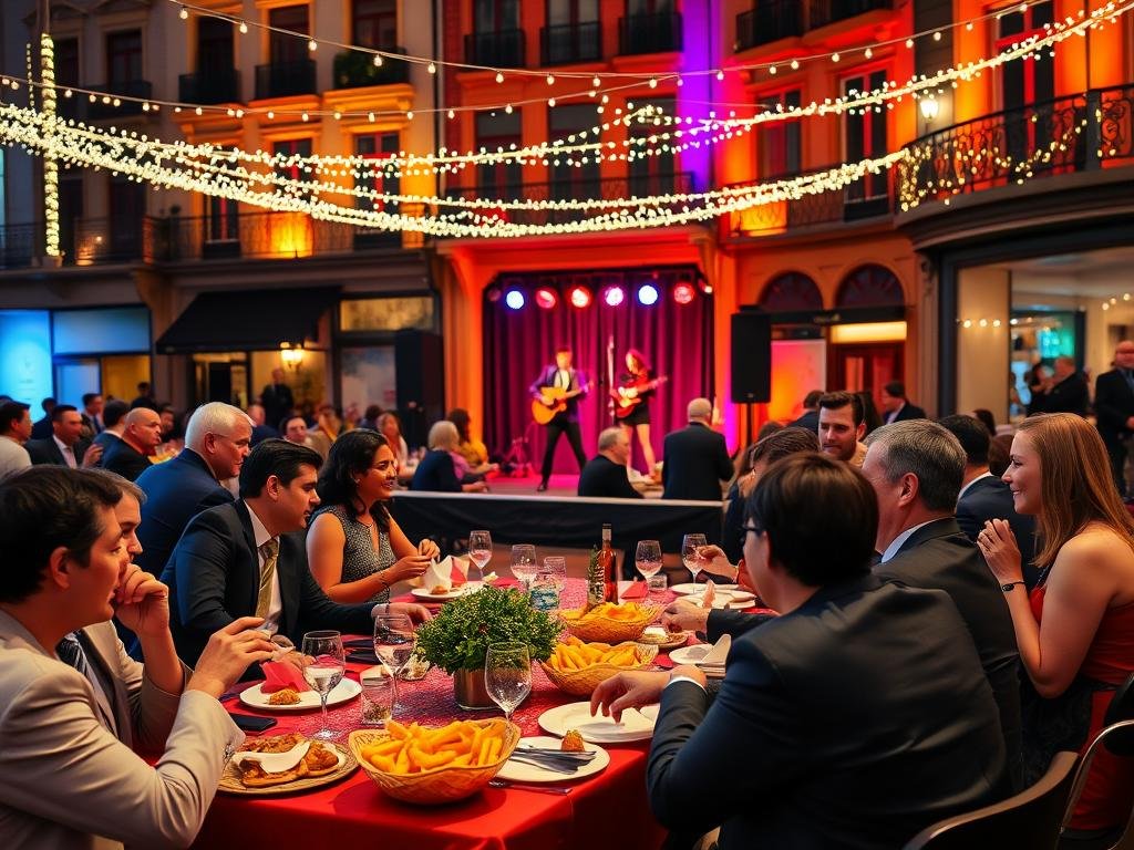 A vibrant scene showcasing the excitement of a community event in Old Montreal for 2025, featuring a lively dinner-show atmosphere. In the foreground, a diverse group of people in professional business attire enjoys a delicious meal of poutine, seated at elegantly decorated tables. The middle section displays performers on a small stage, showcasing a live music or dance act that captures the audience's attention. The background features historic Montreal architecture illuminated by warm, inviting lighting, with twinkling fairy lights draped overhead. The mood is festive and welcoming, evoking a sense of celebration. The setting is captured with a soft focus lens, enhancing the joyful ambiance.