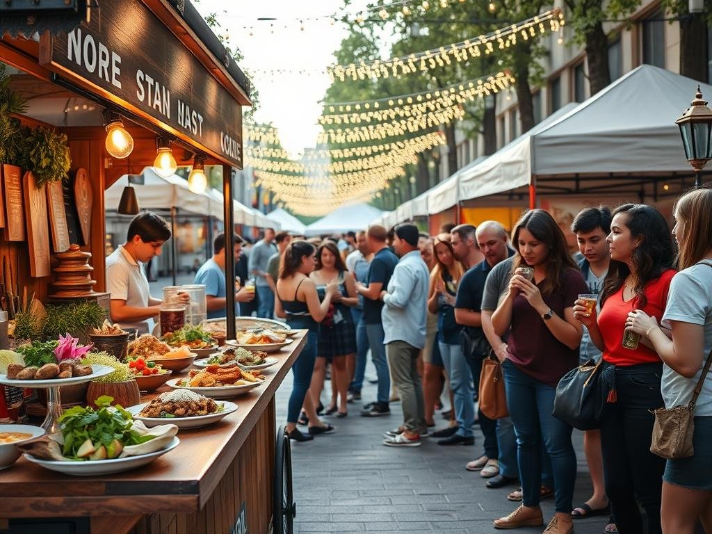 A vibrant street food scene at the Montreal Streetfood Festival, showcasing gourmet dishes presented at a street level. The foreground features a wooden food cart artistically adorned with fresh ingredients and colorful plates of food, emphasizing a mix of traditional and innovative culinary delights. In the middle ground, groups of diverse people, dressed in modest casual clothing, are interacting, sipping drinks, and enjoying their meals in a lively atmosphere. The background reveals festival tents and decorative lights strung above, casting a warm golden glow. The angle is slightly elevated, capturing the bustling vibe of the festival, with soft, natural lighting to create an inviting and celebratory mood.