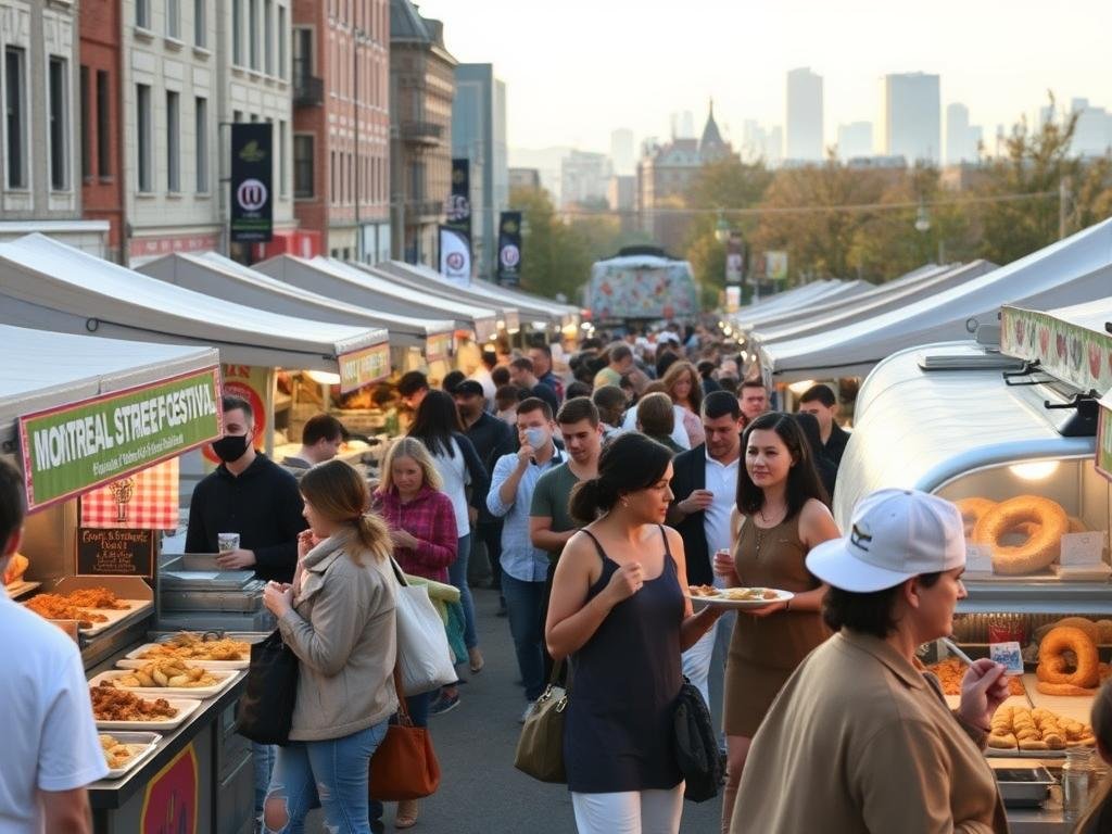 A vibrant street scene during the Montreal Streetfood Festival, showcasing a charming outdoor market filled with food stalls. In the foreground, diverse local vendors serve exquisite dishes like poutine, smoked meat sandwiches, and fresh bagels, with colorful plates and bustling activity. The middle ground features enthusiastic festival-goers of various ethnic backgrounds in modest casual clothing, savoring their meals and enjoying the lively atmosphere. The background shows iconic Montreal architecture with distant views of the city skyline. Soft, warm lighting captures the golden hour, creating a welcoming and festive mood, with soft shadows to add depth. The angle is slightly elevated, providing a comprehensive view of the vibrant culinary scene and community spirit.