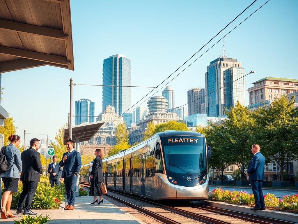 A vibrant urban scene illustrating climate resilience in Saint-Laurent, showcasing a modern travel infrastructure. In the foreground, a diverse group of professionals in smart business attire engage in a lively discussion near a sustainable bus stop surrounded by greenery and solar panels. In the middle, an elegantly designed electric tram glides smoothly along a well-maintained track, flanked by flourishing gardens and trees that create a natural shield against climate impacts. The background features a skyline of eco-friendly, green-roofed buildings under a clear blue sky, symbolizing innovation and sustainability. Soft, natural lighting enhances the scene, creating a warm atmosphere of hope and progress, captured from a low angle to emphasize the height of the structures and the vibrancy of the community. A vibrant urban scene illustrating climate resilience in Saint-Laurent, showcasing a modern travel infrastructure. In the foreground, a diverse group of professionals in smart business attire engage in a lively discussion near a sustainable bus stop surrounded by greenery and solar panels. In the middle, an elegantly designed electric tram glides smoothly along a well-maintained track, flanked by flourishing gardens and trees that create a natural shield against climate impacts. The background features a skyline of eco-friendly, green-roofed buildings under a clear blue sky, symbolizing innovation and sustainability. Soft, natural lighting enhances the scene, creating a warm atmosphere of hope and progress, captured from a low angle to emphasize the height of the structures and the vibrancy of the community.
