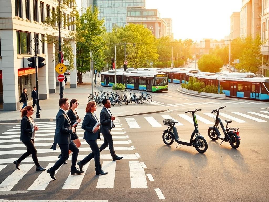 A vibrant urban scene illustrating transportation safety in Saint-Laurent, featuring a well-maintained street with clear crosswalks and effective signage. In the foreground, a diverse group of professionals in business attire are safely crossing the road, demonstrating best safety practices. The middle ground showcases modern transportation options like bicycles and electric scooters, parked neatly along the sidewalk, indicating a shared mobility initiative. In the background, a busy yet organized transit hub with buses and trams, surrounded by green spaces and trees, adds a sense of community. The lighting is bright and inviting, with a soft, warm glow simulating early afternoon sun, enhancing the overall mood of safety, cooperation, and progress. The angle is slightly elevated, capturing both the people and transportation elements cohesively. A vibrant urban scene illustrating transportation safety in Saint-Laurent, featuring a well-maintained street with clear crosswalks and effective signage. In the foreground, a diverse group of professionals in business attire are safely crossing the road, demonstrating best safety practices. The middle ground showcases modern transportation options like bicycles and electric scooters, parked neatly along the sidewalk, indicating a shared mobility initiative. In the background, a busy yet organized transit hub with buses and trams, surrounded by green spaces and trees, adds a sense of community. The lighting is bright and inviting, with a soft, warm glow simulating early afternoon sun, enhancing the overall mood of safety, cooperation, and progress. The angle is slightly elevated, capturing both the people and transportation elements cohesively.