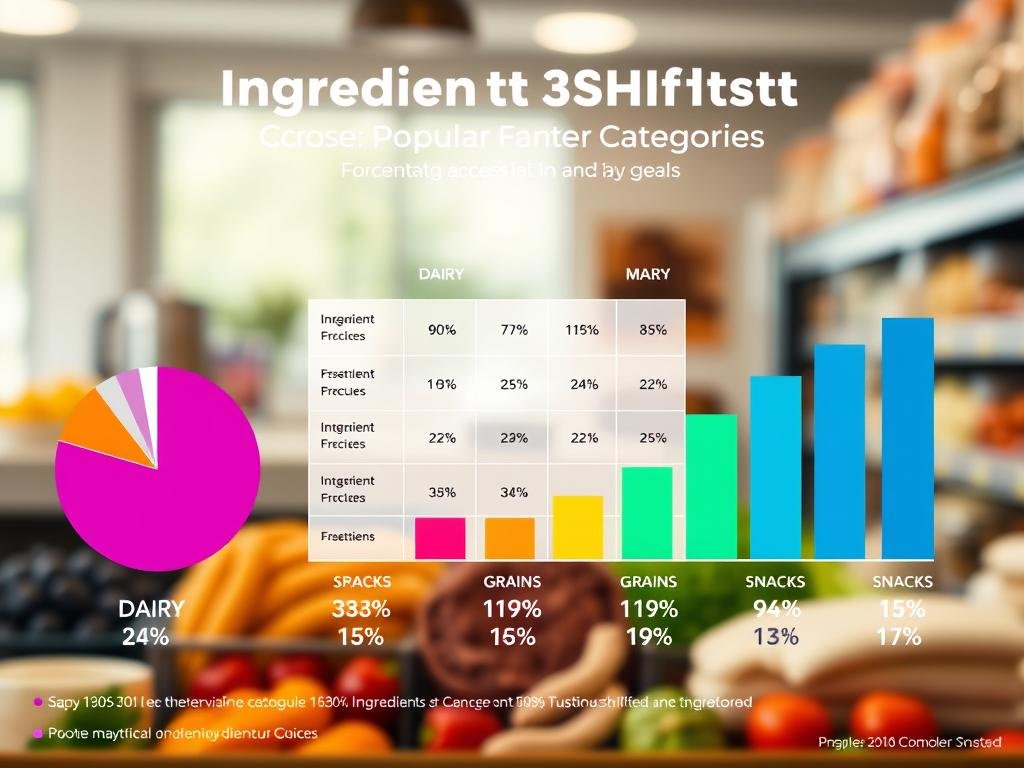 A visually compelling infographic displaying ingredient percentage shifts across popular food categories, such as dairy, grains, and snacks. In the foreground, colorful pie charts and bar graphs represent the changing percentages with clear, vibrant colors for each category. The middle layer features a dynamic grid layout that connects these visual elements seamlessly, highlighting the underlying data and trends. The background is a softly blurred kitchen or grocery store setting, conveying a sense of realism and everyday life. Ambient lighting simulates natural daylight, creating a warm, inviting atmosphere. The overall mood is informative and engaging, designed to capture the viewer's attention while effectively conveying critical data insights without any text or distractions. A visually compelling infographic displaying ingredient percentage shifts across popular food categories, such as dairy, grains, and snacks. In the foreground, colorful pie charts and bar graphs represent the changing percentages with clear, vibrant colors for each category. The middle layer features a dynamic grid layout that connects these visual elements seamlessly, highlighting the underlying data and trends. The background is a softly blurred kitchen or grocery store setting, conveying a sense of realism and everyday life. Ambient lighting simulates natural daylight, creating a warm, inviting atmosphere. The overall mood is informative and engaging, designed to capture the viewer's attention while effectively conveying critical data insights without any text or distractions.