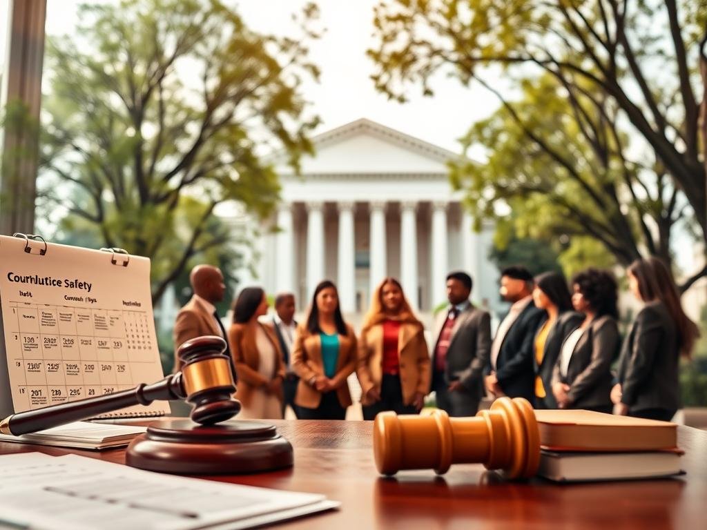 A visually engaging scene depicting the themes of court dates, legal processes, and community safety. In the foreground, a professional-looking legal office with neatly arranged papers, a gavel, and a calendar marked with court dates. In the middle ground, a diverse group of community members discussing safety tips, dressed in business casual attire, looking attentive and concerned. In the background, an abstract representation of a courthouse, with soft lighting illuminating its façade, framed by trees to evoke a sense of community. The atmosphere should be serious yet hopeful, symbolizing a collaborative effort to enhance safety and justice. Use a warm, inviting color palette with natural lighting to suggest a productive dialogue about community safety. No text or logos present.