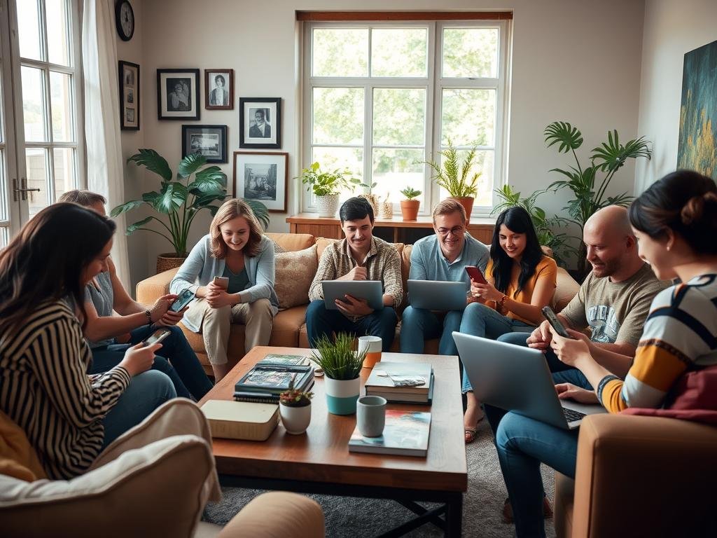 A warm, inviting living room scene. In the foreground, a close-knit family gathers around a coffee table, laptops and smartphones in hand, engaged in lively discussion. The middle ground features framed photographs, potted plants, and cozy furniture, creating a sense of belonging. In the background, a large window allows natural light to filter in, casting a soft, welcoming glow over the space. The atmosphere is one of community, connection, and the interplay between in-person interactions and digital relationships.