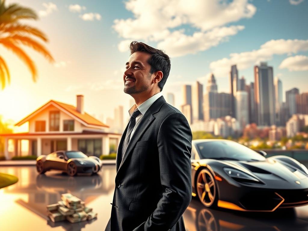 A wealthy individual standing in a vibrant setting, surrounded by symbols of their newfound prosperity. In the foreground, a person in a well-tailored suit gazes thoughtfully, their expression a mix of joy and contemplation. The middle ground features a luxurious home, a sleek sports car, and a stack of cash, representing the material comforts and opportunities that the jackpot has provided. In the background, a bustling city skyline with towering skyscrapers and a vibrant, sun-drenched atmosphere, suggesting the broader impact and lifestyle changes enabled by the life-changing windfall. The lighting is warm and inviting, casting a sense of optimism and possibility. The overall scene conveys the transformative power of a significant financial windfall, capturing the essence of how jackpots can profoundly alter the course of an individual's life. A wealthy individual standing in a vibrant setting, surrounded by symbols of their newfound prosperity. In the foreground, a person in a well-tailored suit gazes thoughtfully, their expression a mix of joy and contemplation. The middle ground features a luxurious home, a sleek sports car, and a stack of cash, representing the material comforts and opportunities that the jackpot has provided. In the background, a bustling city skyline with towering skyscrapers and a vibrant, sun-drenched atmosphere, suggesting the broader impact and lifestyle changes enabled by the life-changing windfall. The lighting is warm and inviting, casting a sense of optimism and possibility. The overall scene conveys the transformative power of a significant financial windfall, capturing the essence of how jackpots can profoundly alter the course of an individual's life.