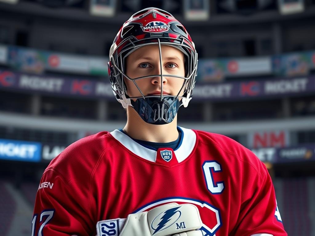 A well-lit studio portrait of Kaapo Kähkönen, dressed in a Montreal Canadiens goaltender uniform, standing confidently with his gear on, his gaze focused and determined. The lighting is soft and flattering, accentuating the veteran player's experience and calm composure. The background is blurred, but hints at the Laval Rocket's home arena, conveying a sense of the team's environment and the important role Kähkönen plays as a reliable safety net for the organization. The overall mood is one of professionalism, stability, and the veteran's steadying presence in the Canadiens' development system.