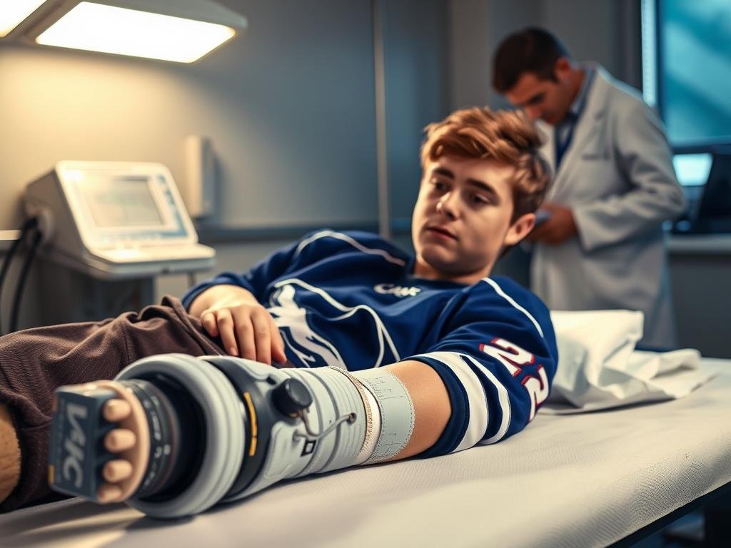 A young hockey player, Alex Newhook, lies on an examination table, his ankle wrapped in a cast. The scene is lit with a warm, soothing light, casting a soft glow on the player's face. The background is blurred, but we can see medical equipment and a team doctor examining the injury, their expressions conveying concern and focus. The player's jersey, slightly rumpled, speaks to the intensity of the game that led to this setback. The image conveys a sense of resilience and determination, as Newhook faces the challenge of recovery and the implications for his team's season.