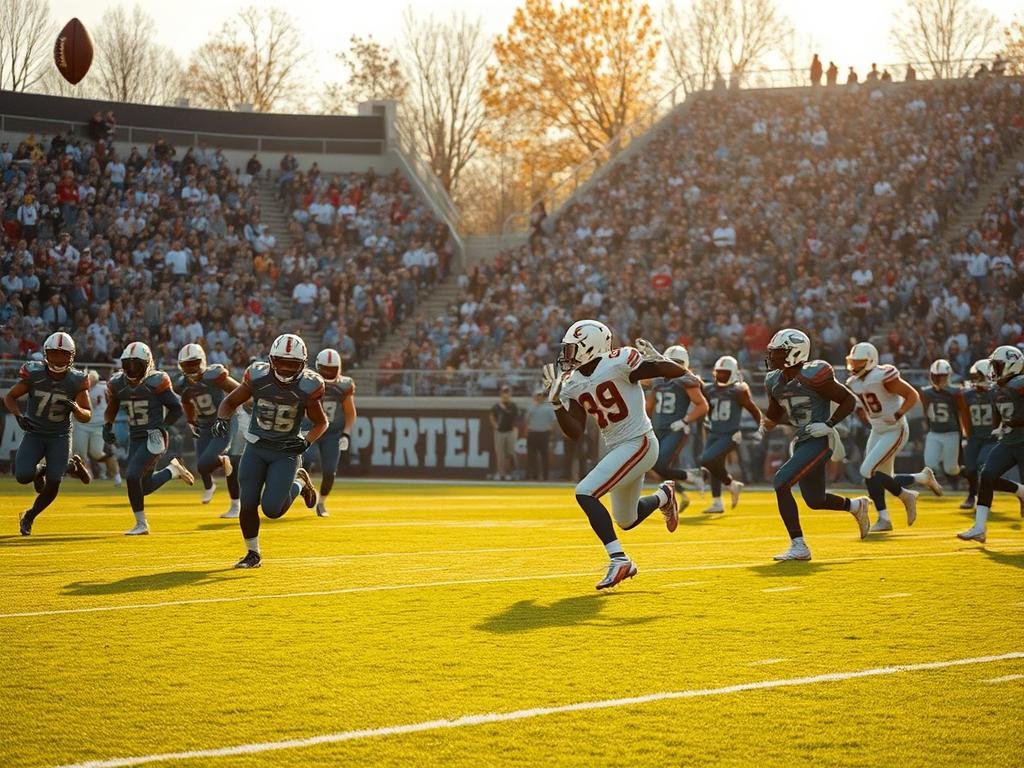 An American football stadium on a crisp autumn day, the field bathed in warm, golden sunlight. In the foreground, a dynamic special teams unit, players in sleek uniforms sprinting into position, their eyes fixed on the ball as it sails through the air. In the middle ground, a skilled return specialist fields the kick, weaving between blockers, bursting upfield with electrifying speed. In the background, the crowd erupts in cheers, the stands a vibrant tapestry of team colors and excitement. The image conveys the energy, precision, and importance of the special teams and return game, a crucial aspect of the game that requires constant improvement and attention.