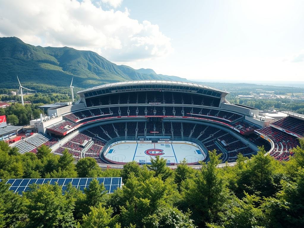 An expansive, modern Canadiens hockey stadium set against a backdrop of lush greenery and renewable energy infrastructure. In the foreground, solar panels and wind turbines dot the landscape, providing sustainable power to the stadium and surrounding facilities. The middle ground features the stadium's outer concourses, with fans enjoying eco-friendly concessions and waste management systems. Through the large windows, the ice rink is visible, illuminated by natural daylight filtering in from skylights above. The overall atmosphere conveys a sense of environmental responsibility and innovation, reflecting the Canadiens' commitment to sustainable event practices.