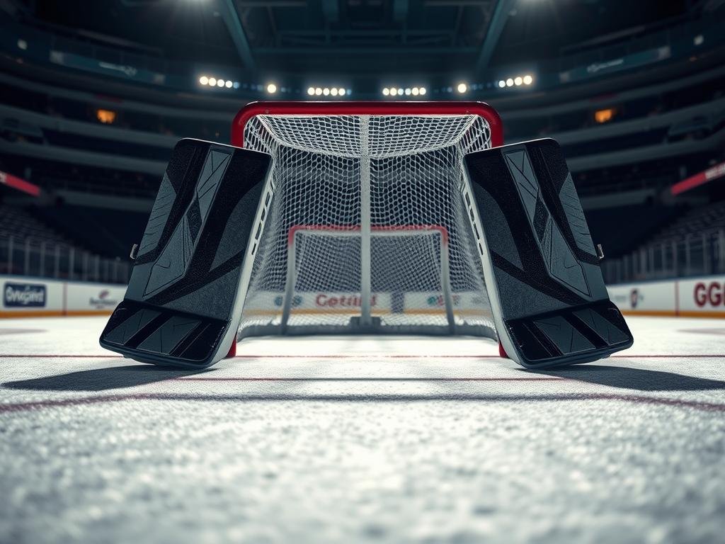 Detailed view of a hockey goaltender's crease, illuminated by soft, natural lighting. In the foreground, the ice surface is textured with subtle grooves and imperfections, creating a sense of realism. The goaltender's equipment, including the pads, blocker, and glove, takes center stage, showcasing the intricate design and craftsmanship. The middle ground features the goal frame, its metallic structure casting subtle shadows across the ice. In the background, the hockey arena's boards and seating areas fade into a soft, atmospheric blur, allowing the viewer to focus on the key elements of the goaltender's domain. An air of focused intensity and determination permeates the scene, capturing the essence of a pivotal moment in the game. Detailed view of a hockey goaltender's crease, illuminated by soft, natural lighting. In the foreground, the ice surface is textured with subtle grooves and imperfections, creating a sense of realism. The goaltender's equipment, including the pads, blocker, and glove, takes center stage, showcasing the intricate design and craftsmanship. The middle ground features the goal frame, its metallic structure casting subtle shadows across the ice. In the background, the hockey arena's boards and seating areas fade into a soft, atmospheric blur, allowing the viewer to focus on the key elements of the goaltender's domain. An air of focused intensity and determination permeates the scene, capturing the essence of a pivotal moment in the game.