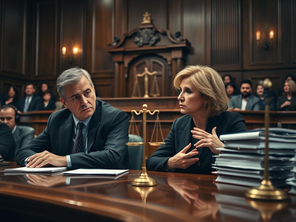In a courtroom setting, focus on a group of prosecutors seated at a polished wooden table, displaying expressions of determination and professionalism. In the foreground, a male prosecutor in a dark suit and tie contemplates with furrowed brows, while a female prosecutor beside him speaks emphatically, gesturing toward a stack of case files. The middle ground features an ornate wooden judge's bench and the symbol of justice, with subtle scales of justice reflecting light. The background reveals a gallery with observers paying close attention, creating an atmosphere of tension and anticipation. Soft, dramatic lighting highlights the seriousness of the moment, casting shadows that suggest the weight of the situation. The camera angle is slightly elevated, capturing the ensemble's reactions and the gravity of the proceedings.