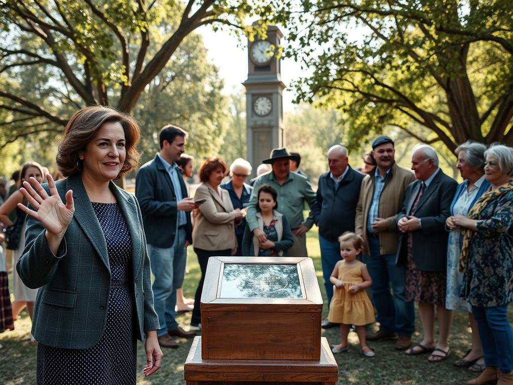 In a serene community park, a diverse group of residents and organizers gather, reflecting their shared history and future. In the foreground, a middle-aged woman in professional business attire holds a time capsule, while a young man gestures excitedly, both embodying a sense of anticipation. The middle ground features several people of varying ages and ethnicities, engaged in conversation; some are elderly couples reminiscing, and a group of children playing nearby brings a sense of innocence and hope. The background showcases trees and an old clock tower, symbolizing the passage of time. Soft afternoon light filters through the leaves, casting dappled shadows, creating a warm and inviting atmosphere full of nostalgia and community spirit. The composition is taken from a slightly elevated angle, emphasizing the gathering and their connection to the past. In a serene community park, a diverse group of residents and organizers gather, reflecting their shared history and future. In the foreground, a middle-aged woman in professional business attire holds a time capsule, while a young man gestures excitedly, both embodying a sense of anticipation. The middle ground features several people of varying ages and ethnicities, engaged in conversation; some are elderly couples reminiscing, and a group of children playing nearby brings a sense of innocence and hope. The background showcases trees and an old clock tower, symbolizing the passage of time. Soft afternoon light filters through the leaves, casting dappled shadows, creating a warm and inviting atmosphere full of nostalgia and community spirit. The composition is taken from a slightly elevated angle, emphasizing the gathering and their connection to the past.