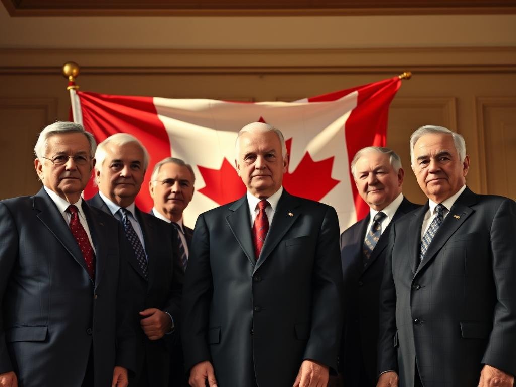 Prompt A group of former Canadian prime ministers, standing united, urge Canadians to proudly display the national flag. Captured in a formal, stately setting, the leaders' faces exude a sense of purpose and resolve. The Canadian flag, prominently featured, billows softly in the background, illuminated by warm, natural lighting that casts a sense of patriotic solemnity. The composition is balanced, with the prime ministers arranged in a symmetrical, authoritative pose, their body language conveying a call to action. The overall atmosphere evokes a feeling of national unity and civic duty, inviting Canadians to heed the former leaders' appeal to show their colors.