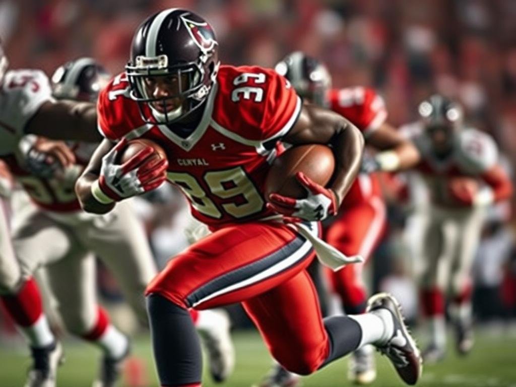 Vaval by the numbers: CFL-leading return production A dynamic football player in action, Vaval, wearing his team's uniform, bursting through defenders with powerful strides, the football clutched firmly in his hands. The scene is captured from a low angle, emphasizing the player's athleticism and determination. The background is blurred, drawing the focus to the player's fluid movements and the ball's trajectory. Vivid lighting highlights the player's features and the football's spiraling motion, creating a sense of energy and excitement. The composition emphasizes the player's exceptional return production, showcasing his ability to break free and gain substantial yardage for his team.