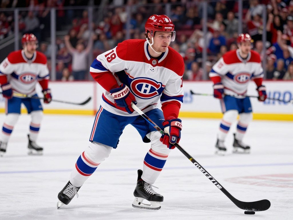 A close-up image of a professional ice hockey player, depicting Kaiden Guhle in Montreal Canadiens gear, standing on the ice with a focused expression. He is in action, skating fluidly, the ice glistening beneath his skates. The background features a blurred arena filled with cheering fans and vibrant team colors, enhancing the atmosphere of excitement. Guhle is flanked by teammates in their red and white jerseys, showcasing their unity in response to the challenge of missing Noah Dobson. Soft arena lighting highlights Guhle’s determined face and the intricate details of his equipment, with a slightly elevated camera angle to capture the intensity of the moment. The overall mood is one of perseverance and camaraderie, embodying the spirit of a competitive defensive corps.