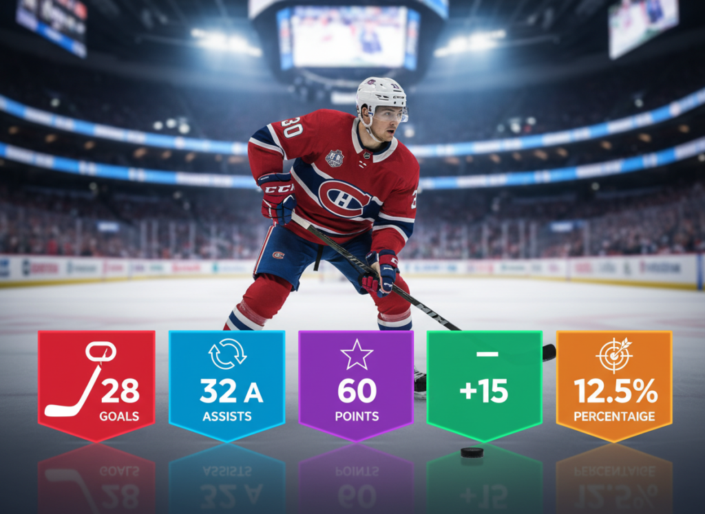 A detailed breakdown of a hockey player's stats, focusing on Joshua Roy, laid out visually. In the foreground, a stylized infographic featuring key statistics: goals, assists, points, plus-minus rating, and shooting percentage. Each stat displayed in vibrant colors and contemporary graphic design elements for clarity. In the middle, a silhouette of a hockey player in motion, representing Joshua Roy, adorned in his Montreal Canadiens jersey, showcasing skill and agility. The background is a blurred image of a hockey rink, illuminated by bright arena lights, creating a dynamic and energetic atmosphere. The composition should invoke a sense of professionalism and excitement, perfect for a sports analysis article, all without any text or branding.