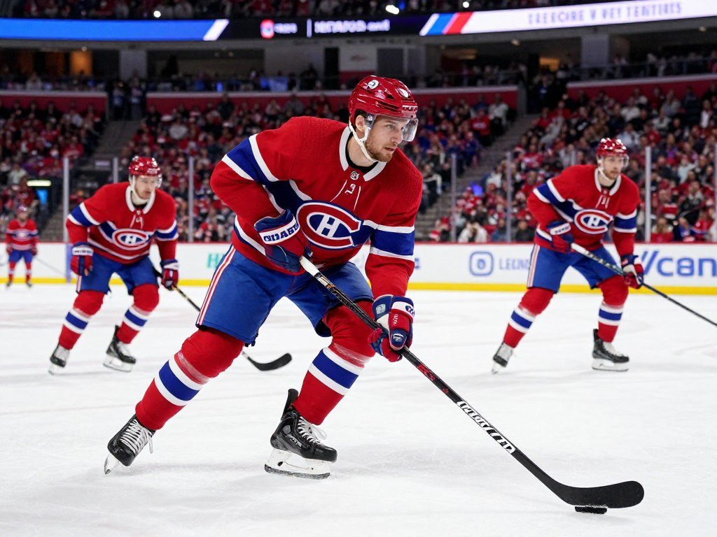 A dynamic scene featuring Arber Xhekaj on the Montreal Canadiens' blue line, in a professional hockey setting during a game. Xhekaj is wearing the classic red, white, and blue Canadiens uniform, showcasing intense focus and determination as he prepares to make a play. The foreground captures him in action, skating with purpose, while the middle-ground includes teammates and an opposing player, demonstrating the hustle of an NHL game. The background reveals the vibrant crowd and the arena atmosphere, illuminated by bright arena lights, creating a high-energy vibe. The scene is shot from a low angle to emphasize Xhekaj's stature and athleticism, conveying the mood of intensity and teamwork on the ice.