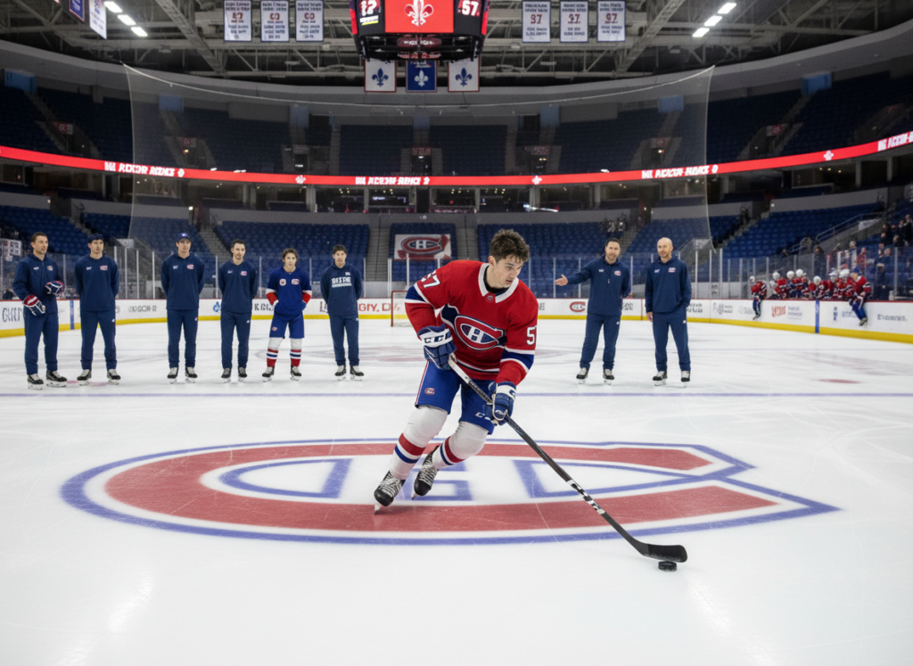 A focused training session featuring Joshua Roy, a young hockey player wearing a Montreal Canadiens practice jersey, showcasing his skills on the ice. In the foreground, Roy is in mid-action, stickhandling the puck with intense concentration, embodying determination and passion. The middle ground captures his trainers and teammates observing and providing guidance, all in casual athletic attire. The background includes an illuminated ice rink with the iconic red and blue colors of the Canadiens, enhancing the team's branding. The lighting is bright and dynamic, emphasizing the energy of the practice. The atmosphere is one of focused development and teamwork, highlighting Roy's growth as a promising prospect for the Montreal Canadiens.