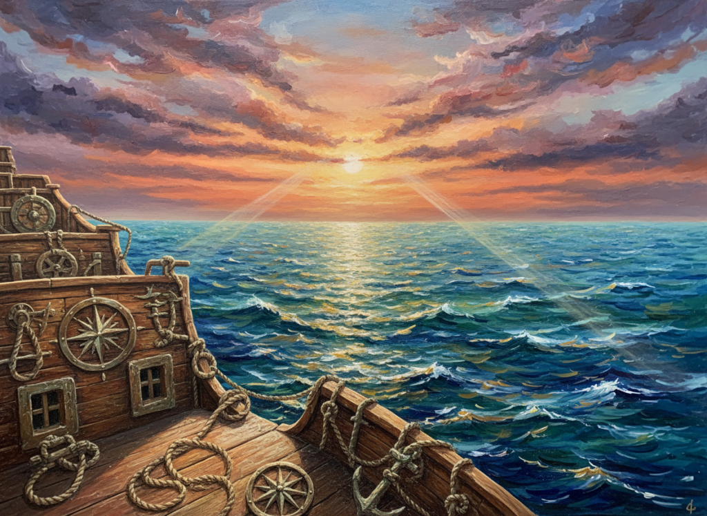 A vibrant Jean-François Malo artwork inspired by maritime heritage, featuring a detailed foreground of intricately carved wooden ship elements with maritime symbols like compasses and anchors. In the middle ground, an abstract sea landscape captures the dynamic movement of waves, reflecting varying shades of blue and green with hints of golden sunlight breaking through. The background showcases a dramatic sky at dusk, filled with swirling colors of orange, purple, and soft pink, symbolizing the transition from day to night. Use soft, diffused lighting to enhance the dreamlike quality of the scene, and a wide-angle lens to emphasize the vastness of the ocean. The atmosphere should evoke a sense of nostalgia and connection to history, celebrating the rich maritime traditions and their influence on contemporary art.