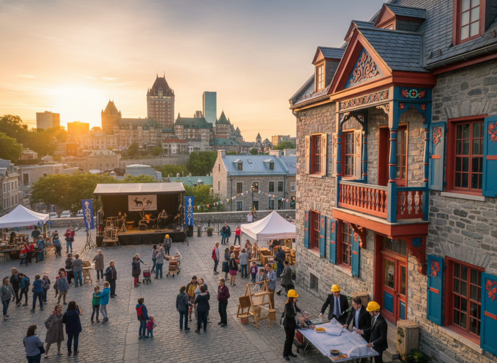 A vibrant scene depicting a Quebec cultural project focused on heritage preservation. In the foreground, a diverse group of professionals in business attire collaborates on a historic building restoration, showcasing traditional Quebec architecture with intricate wooden details and colorful facades. In the middle, a busy community space filled with artisans and families engaging in crafts and cultural activities, surrounded by banners reflecting Quebec's rich heritage. The background features the picturesque Quebec skyline during golden hour, with warm, soft lighting highlighting the beauty of heritage sites. Capture the atmosphere of collaboration, pride, and community spirit in the preservation of cultural heritage. Use a wide-angle lens to emphasize depth, creating a warm and inviting mood.