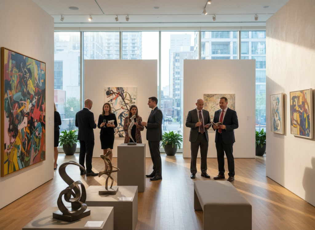 A collection of art exhibition spaces showcasing Wendy Devera's latest works across Canada in 2024. In the foreground, vibrant artworks in various mediums: paintings, sculptures, and installations, displayed on elegant pedestals and well-lit gallery walls. The middle ground features visitors admiring the art, dressed in professional business attire, engaging in thoughtful discussions. The background includes large windows with soft natural light filtering in, reflecting a contemporary urban gallery space with polished wooden floors and minimalistic decor. The atmosphere is lively yet sophisticated, conveying a sense of excitement and appreciation for the arts. The scene is captured with a warm lighting ambiance, using a wide-angle lens to encompass both art pieces and attendees harmoniously.
