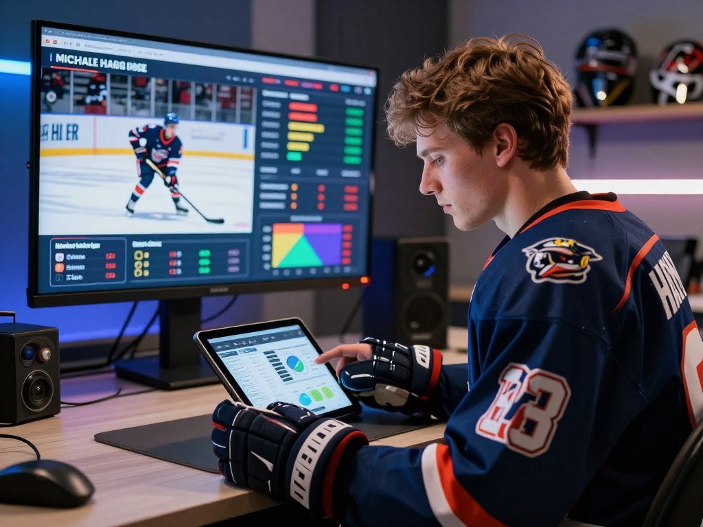 A detailed prospect profile analysis of a young hockey player, Michael Hage, set in a modern sports analysis studio. In the foreground, a confident, young male athlete in a sleek, professional hockey outfit, looking at a digital tablet with statistics and charts displayed. The middle ground showcases a large screen behind him, featuring a dynamic infographic of Michael Hage’s playing stats and performance analysis, with vibrant colors highlighting key metrics. The background includes high-tech sports equipment and shelves filled with hockey memorabilia. The lighting is bright and focused, with soft shadows to create depth. The atmosphere is energetic and professional, reflecting the excitement of his promising hockey career. The angle captures the athlete in three-quarters view, emphasizing both his determination and the analytical environment.