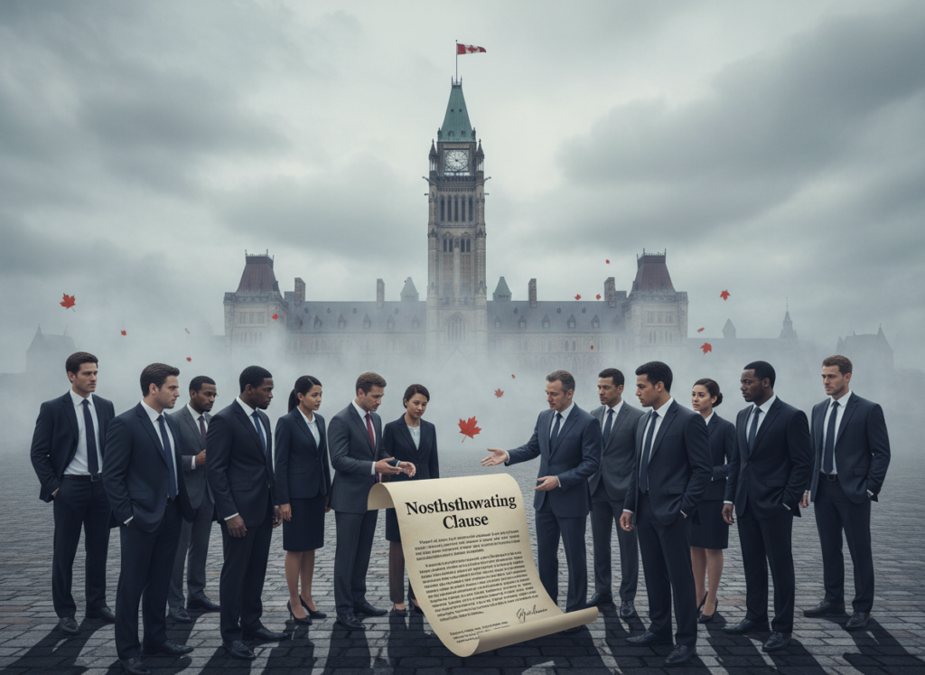 A dramatic depiction of the concept of "Charter rights suspension in Canadian law." In the foreground, a diverse group of individuals in professional business attire, somberly discussing a document labeled "Notwithstanding Clause" with serious expressions. In the middle ground, the iconic Canadian Parliament Building looms, partially shrouded in a misty, gray atmosphere, symbolizing uncertainty. The background features a cloudy sky, casting diffused light on the scene, creating an ominous mood. A subtle hint of maple leaves falls gently, representing Canada, while shadows play across the scene, enhancing the gravity of legal implications. The composition should evoke a sense of deliberation and concern among the figures, illustrating the weighty nature of charter rights and their suspension.