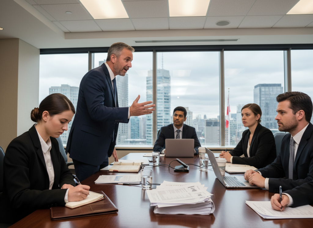 A dramatic meeting room scene focusing on a group of diverse professionals engaged in a heated discussion about the Charter of Rights exemption controversies in Canada. In the foreground, a middle-aged man in a business suit gestures passionately, while a young woman in formal attire takes notes, revealing a sense of urgency. In the middle, a large wooden conference table is cluttered with legal documents and laptops, symbolizing the complexities of the issue. The background features a large window with a view of a Canadian skyline, under a slightly overcast sky, creating a somber atmosphere. Soft overhead lighting illuminates the faces of the participants, emphasizing their expressions of concern and determination. The overall mood conveys tension and the gravity of the ongoing debate surrounding the Notwithstanding Clause.