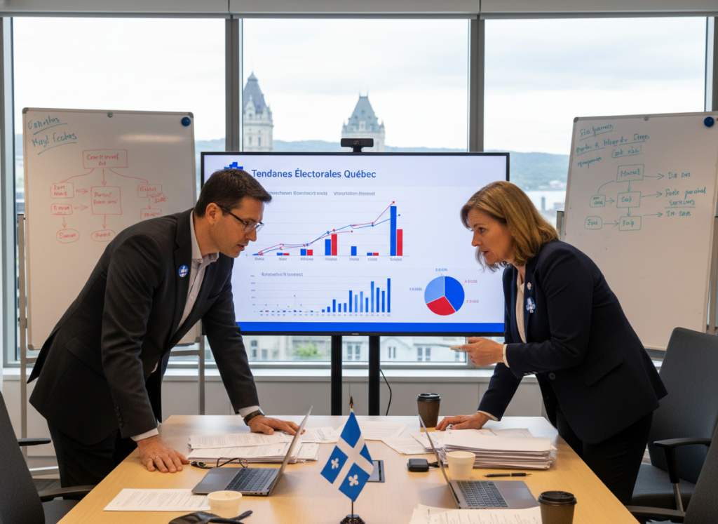 A dynamic meeting between representatives of the Bloc Québécois and Parti Québécois in a modern government office setting, emphasizing their collaborative yet distinct identities in Quebec politics. In the foreground, two well-dressed individuals, one wearing a Bloc Québécois pin and the other adorned with a Parti Québécois emblem, are engaged in intense discussion over a large table loaded with documents and a Quebec flag. The middle ground showcases colorful charts and a digital screen displaying voter trends. In the background, a window reveals a scenic view of Quebec’s urban landscape, illuminated by soft, natural daylight. The atmosphere is serious yet hopeful, with a professional tone underscored by vibrant colors and sharp focus, evoking a sense of political engagement and synergy.