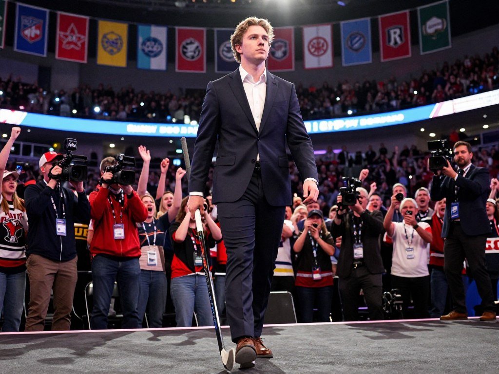 A dynamic scene depicting Michael Hage, a young Canadian hockey player, in a pivotal moment of his NHL Draft journey. In the foreground, Michael is shown in a sleek suit, confidently walking up to the stage, holding a hockey stick, with determination in his eyes. The middle ground features a vibrant crowd of supporters and NHL staff, cheering enthusiastically, while cameras capture the excitement. The background showcases a grand arena with colorful team banners and bright lights illuminating the stage. The atmosphere is electric, filled with anticipation and hope for his future. The image should have a sharp focus on Michael, with soft bokeh effects on the crowd, captured from a slightly low angle to emphasize his stature and presence.