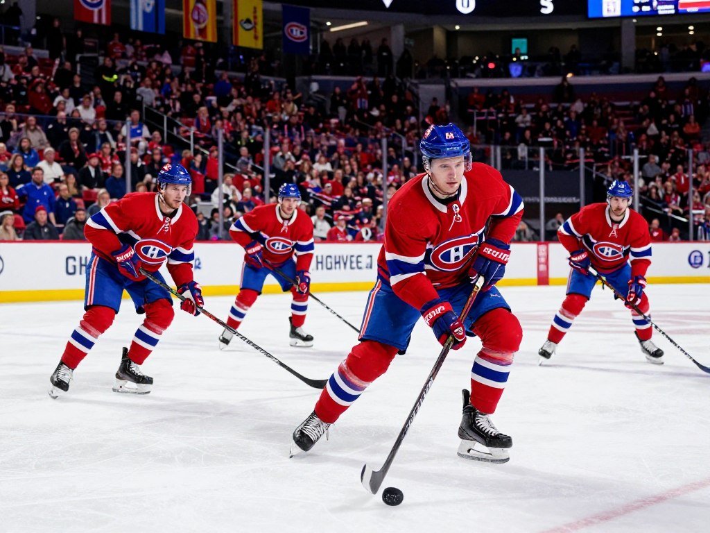 A dynamic scene depicting a Montreal Canadiens forward on the ice during an NHL playoff game, showcasing the team's depth and teamwork. In the foreground, a focused player in a classic red Canadiens jersey maintains puck control while skillfully maneuvering past an opposing defender. In the middle ground, teammates are positioned strategically, ready for a play, their expressions conveying determination and camaraderie. The background features a buzzing arena filled with fans, clad in Canadiens colors, as colorful banners hang from the rafters. The lighting is intense, highlighting the players and casting dramatic shadows, with a crisp, high-resolution effect as if captured with a wide-angle lens. The atmosphere is electric and tense, emphasizing the crucial moments of playoff hockey.