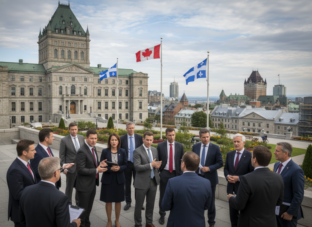 A panoramic view of the Quebec Parliament building in Quebec City, showcasing its grandeur against a cloudy sky. In the foreground, a diverse group of politicians in professional business attire are engaged in animated discussion, symbolizing the intensity of the debate over Quebec sovereignty. In the middle ground, a blend of Canadian and Quebec flags waves gently, representing the federal political landscape. The background features the skyline of Quebec City, hinting at its rich history and cultural significance. The scene is lit with soft, natural light, creating a serious yet hopeful atmosphere, emphasizing the importance of unity and sovereignty in Canadian politics. The angle is slightly elevated, providing a comprehensive view of the bustling political discourse.