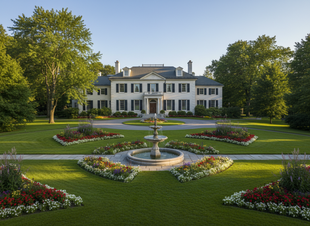 A picturesque view of 24 Sussex Drive, the traditional residence of the Prime Minister of Canada, surrounded by lush green gardens and mature trees. The foreground features a well-manicured lawn with colorful flower beds, inviting pathways, and a classic stone fountain. In the middle, showcase the elegant Georgian-style mansion, characterized by its white facade, distinctive large windows, and a welcoming front entrance with double doors. The background includes a clear blue sky, enhancing the serene atmosphere, with soft sunlight casting gentle shadows. Capture the ambiance in a warm and inviting tone, with a slightly elevated angle to provide a comprehensive view of the estate. Ensure the scene remains tranquil and dignified, reflecting the importance of this iconic residence in Canadian history.