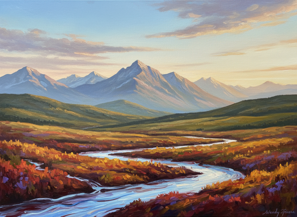 A serene scene inspired by Wendy Devera's Northern Reflections series, showcasing an abstract landscape that captures the beauty of Northern Canada. In the foreground, delicate brushstrokes depict vibrant, swirling colors representing autumn leaves, interspersed with soft, ethereal lines suggesting flowing water. The middle layer features a gentle, rolling terrain, illuminated by soft, golden sunlight filtering through wispy clouds. In the background, majestic mountains rise under a tranquil sky, their peaks kissed by the last light of day. The atmosphere is calm and reflective, evoking a sense of peace and quiet contemplation. The composition employs a wide-angle perspective, enhancing the vastness of the landscape, with a focus on warm, inviting colors that bring the artwork to life, emphasizing the connection with nature.