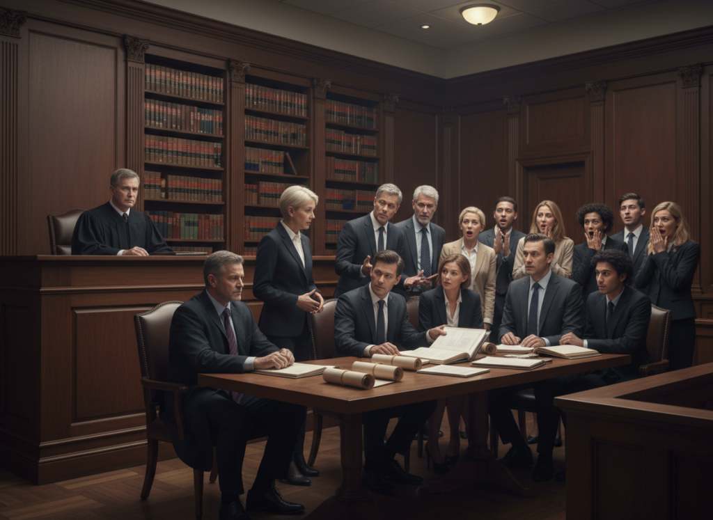 A somber courtroom scene showcasing a judge in a black robe sitting behind a large wooden bench. In the foreground, a middle-aged man in a smart dark suit, looks relieved and contemplative as he glances toward the jury, who appear astonished by the unfolding events. The middle of the image captures a diverse group of lawyers engaged in intense discussion, some pointing at legal documents, symbolizing the overturning of a long-standing conviction. The background features tall, austere wooden paneling and law books lining the shelves. Soft overhead lighting casts a natural glow, reflecting the gravity of the moment. The atmosphere is tense yet hopeful, embodying the emotional weight of justice being served after decades of struggle.
