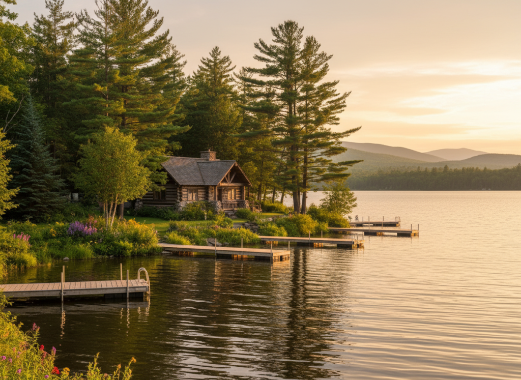 A tranquil scene of Harrington Lake retreat in Gatineau Park, nestled among lush greenery. In the foreground, a gently rippling lake reflects the soft sunset hues, with well-maintained wooden docks extending into the water. In the middle ground, a charming rustic cabin made of natural wood and stone, surrounded by towering pine trees and colorful wildflowers. The background features majestic mountains under a golden sky, with the last rays of the sun casting a warm glow across the landscape. Soft, diffused lighting creates a peaceful and serene atmosphere, inviting relaxation. Capture from a slightly elevated angle to encompass the expansive beauty of the retreat, highlighting its harmonious integration with nature.