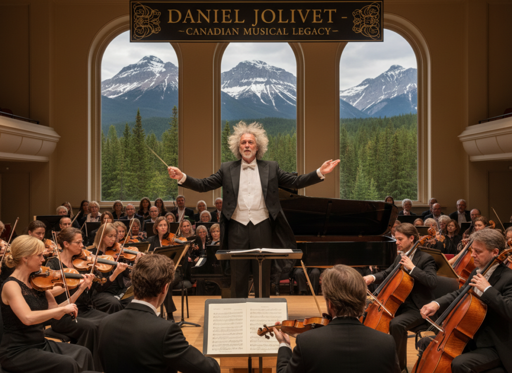 A vibrant scene capturing the essence of classical music and the legacy of Daniel Jolivet in Canada. In the foreground, a conductor passionately leads an orchestra dressed in formal black attire, with a focus on their expressive gestures. The musicians, also in elegant outfits, play various classical instruments like violins, cellos, and a grand piano. In the middle ground, soft lighting illuminates an audience enraptured by the performance, with close-ups of expressions reflecting awe and inspiration. In the background, an iconic Canadian landscape with snow-capped mountains and lush forests subtly frames the concert hall, symbolizing the connection between Jolivet's music and Canadian heritage. The atmosphere is rich with warmth and inspiration, illuminated by warm golden light, evoking a sense of legacy and cultural depth.