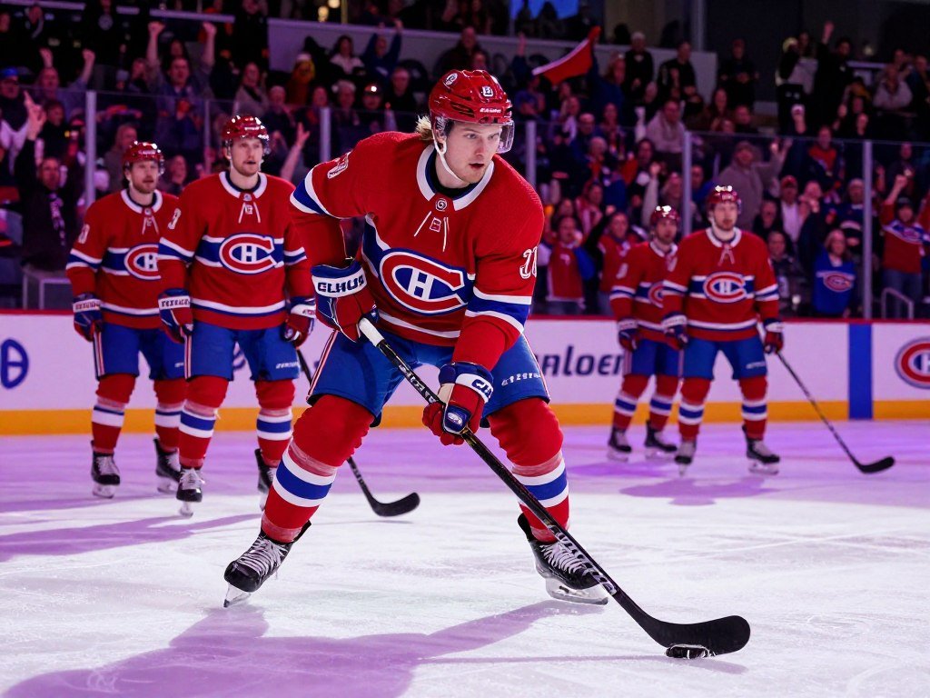 Nick Suzuki is the focal point of the image, depicted in a dynamic action pose as he skillfully navigates the ice with a puck. He is wearing his Montreal Canadiens jersey, complete with the iconic red, white, and blue colors. In the foreground, his intense expression reflects determination and focus under playoff pressure. The middle ground features teammates in a supportive stance, emphasizing teamwork, while the background captures a lively hockey arena filled with enthusiastic fans waving Canadiens flags, creating a vibrant and immersive atmosphere. Dramatic arena lighting shines down, casting sharp shadows and highlighting Suzuki’s movements. The angle is slightly low, emphasizing his stature as a leader on the ice, giving a sense of urgency and intensity to the moment.
